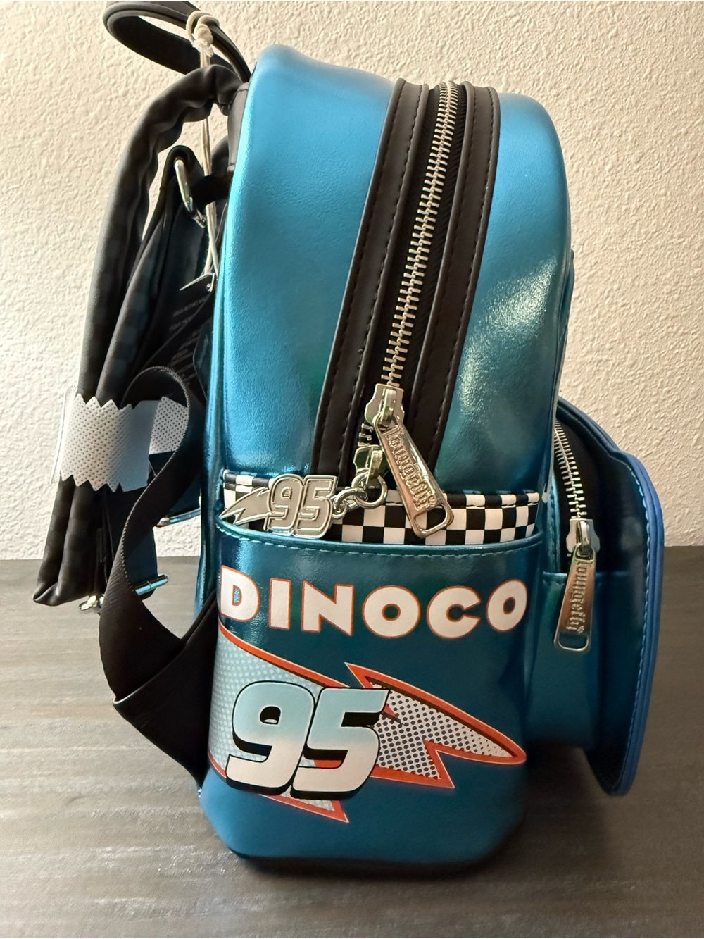 Loungefly Metallic Teal Blue Pixar Dinoco Lightning McQueen Mini Backpack, NWT - Picture 2 of 6